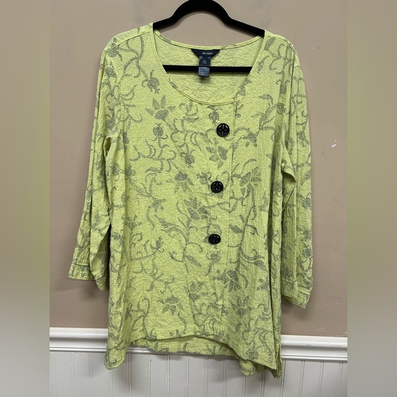 Ali Miles Tunic Top Chartreuse Black Print Button Accent Art to Wear Size L - Picture 1 of 5